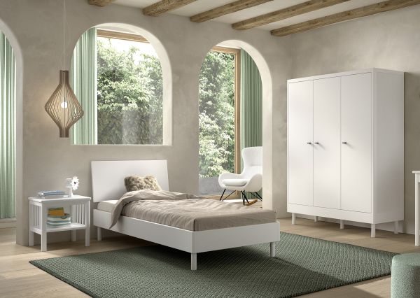 Set Futonbett Schrank 3T Nachtkonsole Lattenrost Buche massiv Weiß lackiert