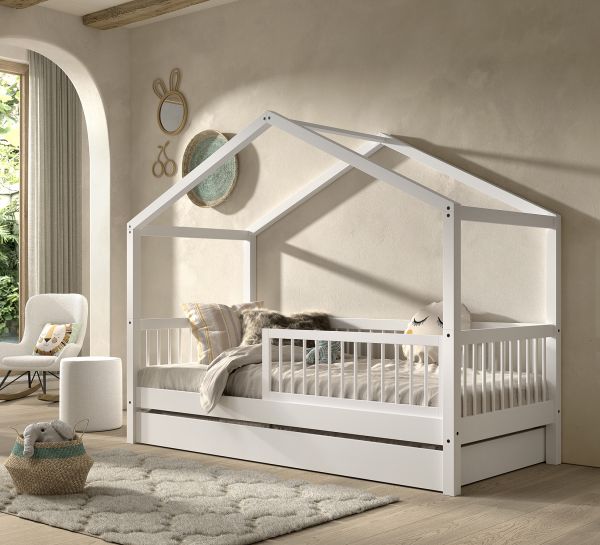 Hausbett Spielbett 90x200 Bettschublade Rausfallschutz Lattenrost Buche Weiß