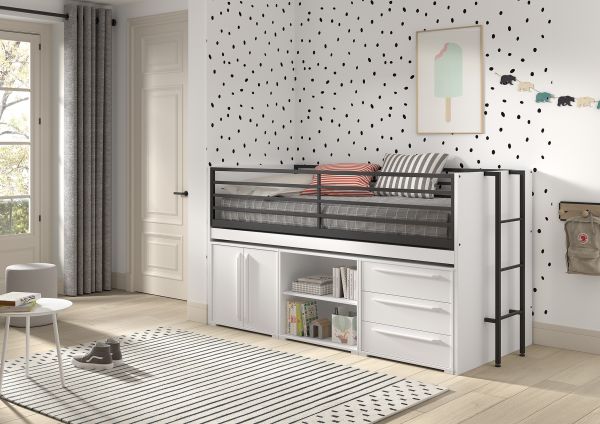 Funktionsbett 90x200 Schreibplatte Regal 2 Kommoden Halbhochbett Spielbett Weiß