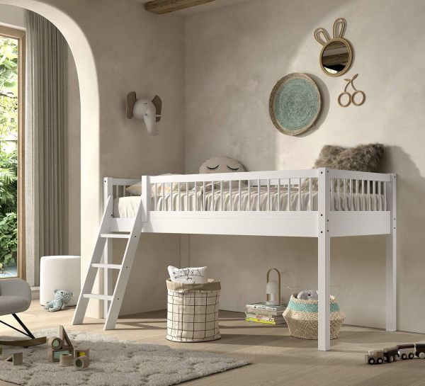 Halbhohes Bett Kinderbett 90x200 Kindermöbel Lattenrost Spielbett Buche massiv