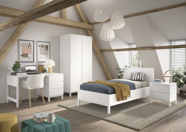 Set Einzelbett 90x200 Nachtkommode Schrank 2T Schreibtisch Jugendzimmer Weiß