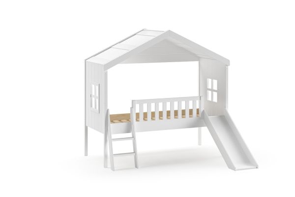 Hausbett Rutsche 90x200 Kinderbett Spielbett Hochbett Lattenrost Weiß Einzelbett