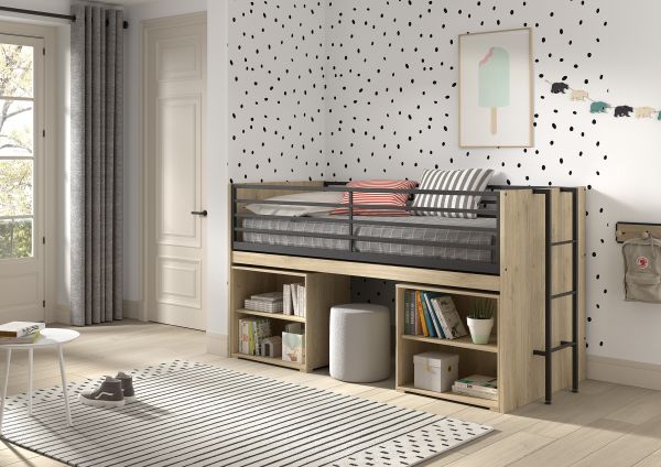 Funktionsbett 90x200 Schreibplatte Regale Halbhochbett Spielbett Jugendbett