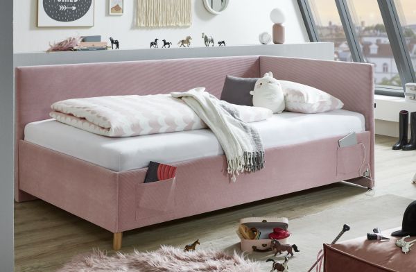Polsterbett in 3 Größen mit Rückenteil USB-Anschluss Jugendbett Rose