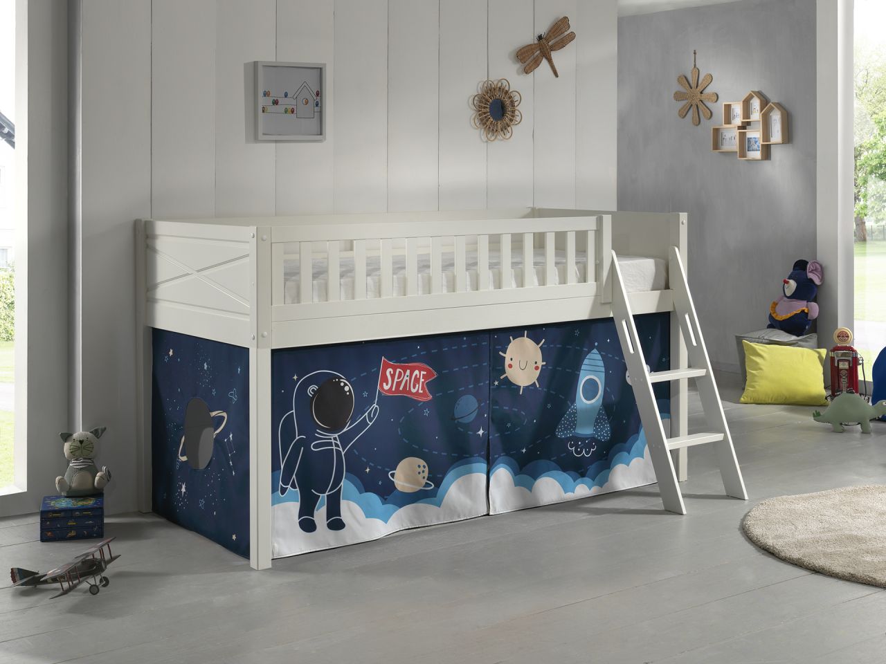 Set Spielbett Vorhang Lattenrost Hochbett Kinderbett 90x200 Weltall Astronauten