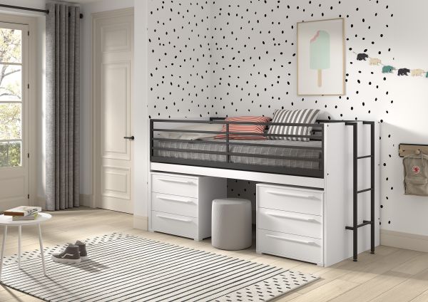 Funktionsbett 90x200 Schreibplatte 2 Kommoden 3S Halbhochbett Spielbett Weiß