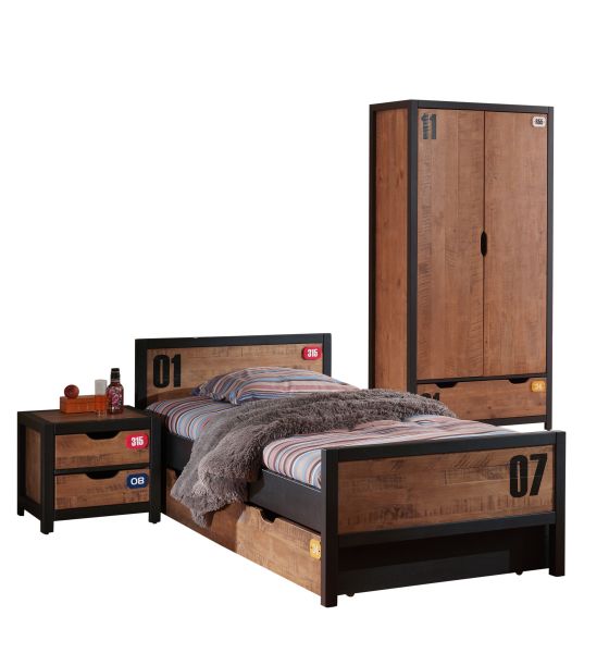 Set Bett 90x200 Lattenrost Bettschublade Nachttisch Kleiderschrank Kindermöbel