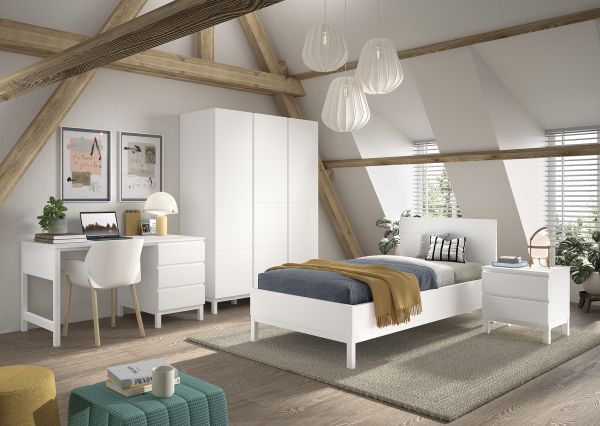Set Einzelbett 90x200 Nachtkommode Schrank 3T Schreibtisch Jugendzimmer Weiß