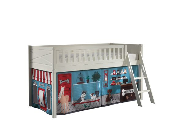 Set Spielbett Vorhang Lattenrost Hochbett Kinderbett 90x200 Tier Pferd Hund weiß