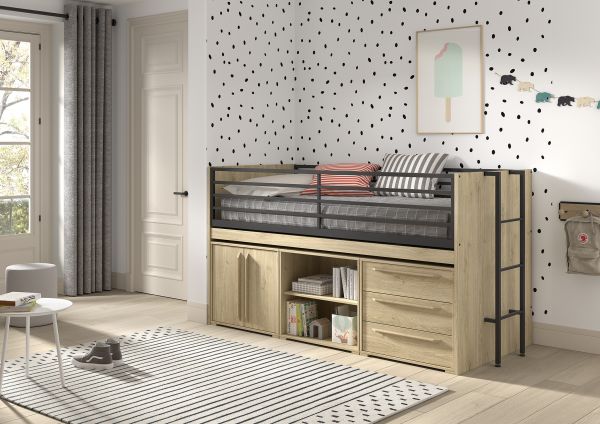 Funktionsbett 90x200 Schreibplatte Regal 2 Kommoden Halbhochbett Spielbett