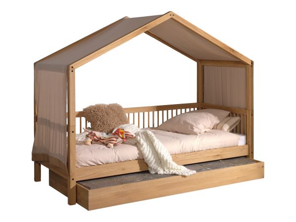 Hausbett 90x200 mit Bettschublade Textilhimmel Lattenrost Spielbett Eiche massiv