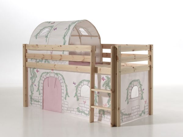 Vipack PINO Spielbett / Hochbett 90x200 mit Vorhang+Tunnel "Birdy" Massiv Natur