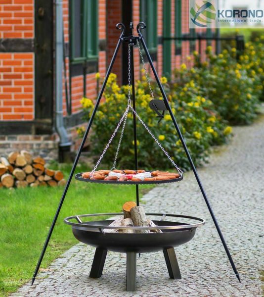 Dreibein Schwenkgrill mit Kurbel Rost 60 und Feuerschale Ø 70 im Set - Stahl
