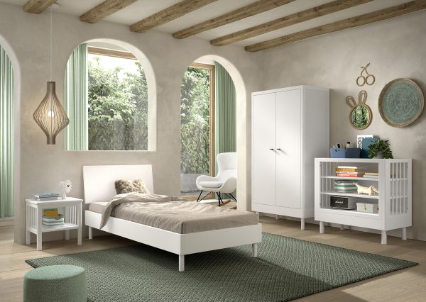 Set Futonbett Schrank 2T Nachtkonsole Beistellregal Lattenrost Buche massiv Weiß