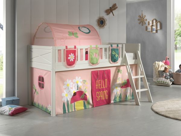 Set Spielbett Vorhang Lattenrost Hochbett Kinderbett 90x200 Fee Pink Rosa Blumen