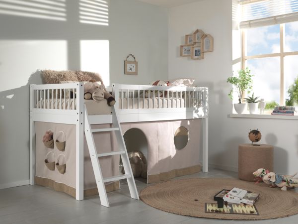 Halbhohes Bett Kinderbett 90x200 Vorhangset Lattenrost Spielbett Buche massiv Weiß