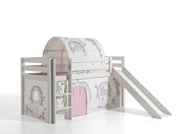 Vipack PINO Spielbett mit Rutsche 90x200 und Vorhang/Tunnel Birdy - Massiv Weiß