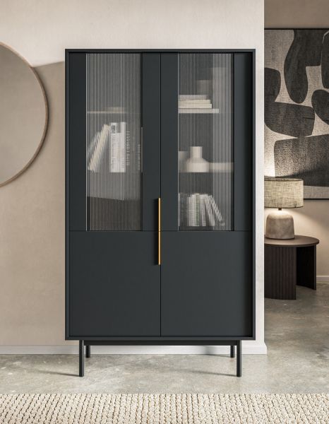 Vitrinenschrank 4T Bücherschrank Regalschrank Glasschrank Wohnschrank Schwarz