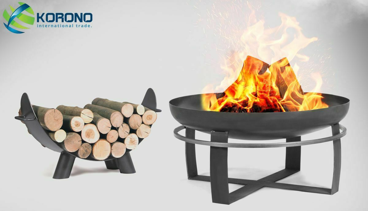 Feuerschale mit Holzregal aus Stahl - Feuerkorb Grillfeuer Feuerstelle - Ø 80 cm