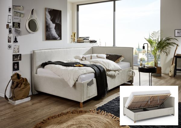 Polsterbett in 3 Größen Lattenrost Rückenteil Bettkasten USB Jugendbett Beige