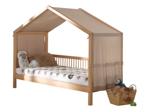 Hausbett Kinderbett 90x200 Textilhimmel Lattenrost Spielbett Buche massiv Natur