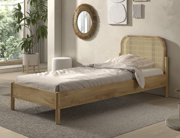 Einzelbett 90x200 mit Rattan-Geflecht Lattenrost Jugendbett Singlebett Eiche