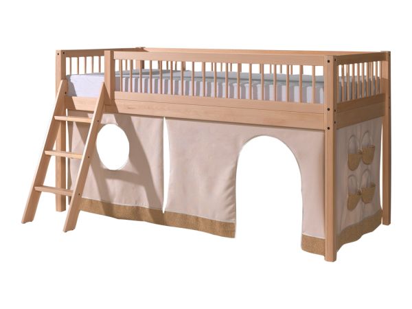 Halbhohes Bett Kinderbett 90x200 Vorhangset Lattenrost Spielbett Buche massiv Natur