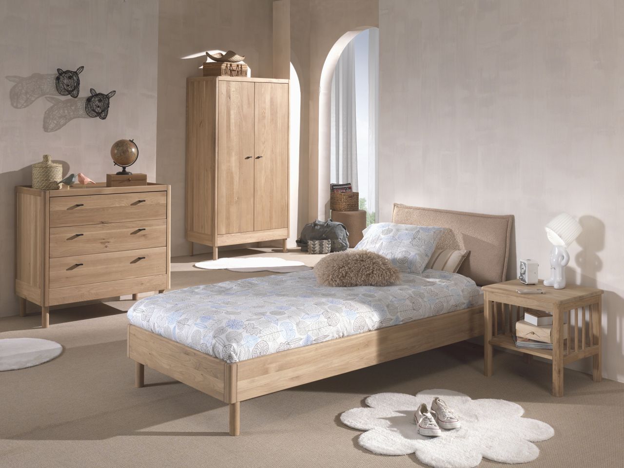 Set Futonbett Stoff Schrank 2T Nachtkonsole Kommode Lattenrost Eiche massiv