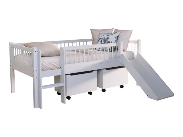 Junior-Spielbett Höhe 85 Leiter Rutsche Box Lattenrost 90x200 Buche massiv weiß