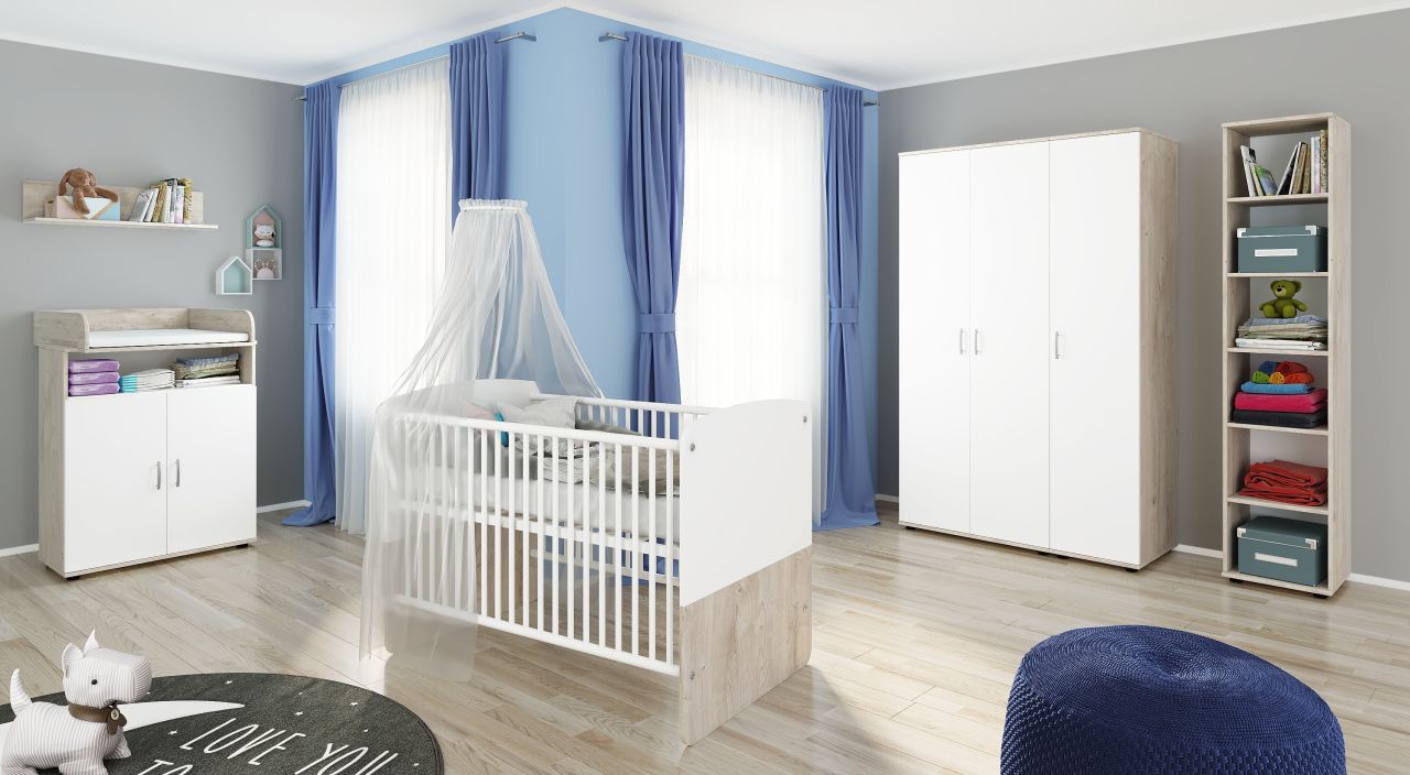 Babyzimmer Set Babybett Wickelkommode Wandboard Kleiderschrank 3 türig Regal