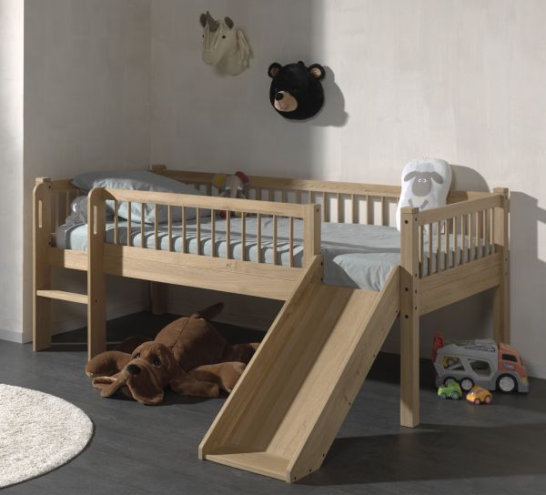 Junior-Spielbett Höhe 85 Leiter Rutsche Lattenrost 90x200 Eiche natur geölt