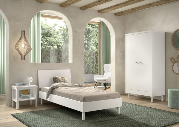 Set Futonbett Schrank 2T Nachtkonsole Lattenrost Buche massiv Weiß lackiert