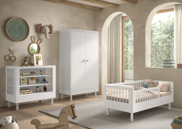 Set Juniorbett Wickelregal Schrank Kinderzimmer Babyzimmer Buche massiv Weiß