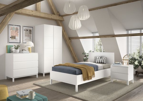 Set Bett 90x200 Nachtkommode Schrank 2T Kommode Jugendzimmer Kinderzimmer Weiß