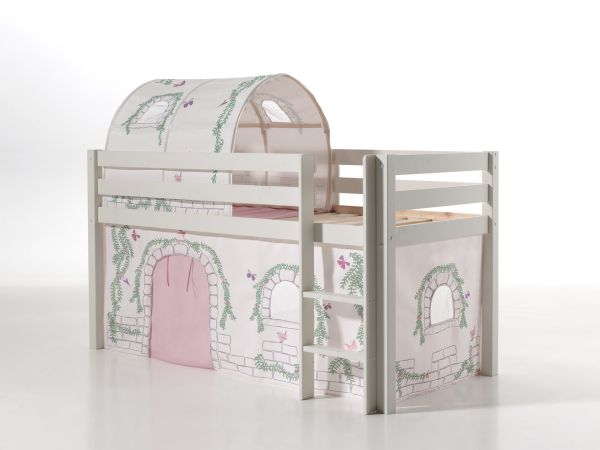 Vipack: PINO Spielbett / Hochbett 90x200 mit Vorhang+Tunnel "Birdy" Massiv Weiß