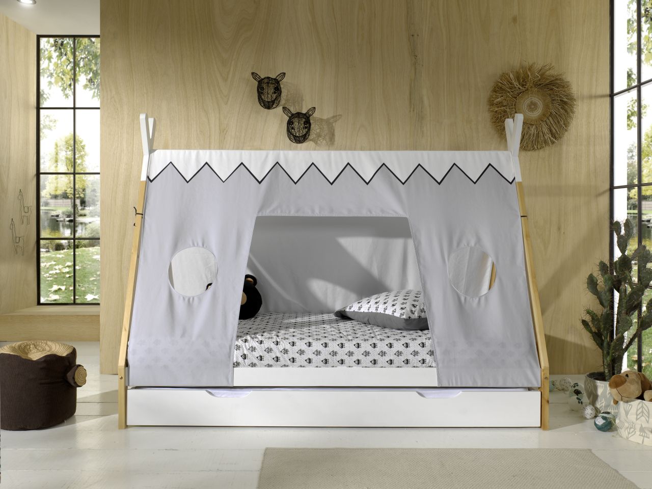 Tipi Bett mit Textilzeltdach Lattenrost Bettschublade 90x200 Kinderbett Zelt