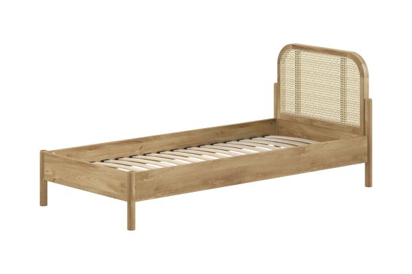 Einzelbett 90x200 mit Rattan-Geflecht Lattenrost Jugendbett Singlebett Eiche