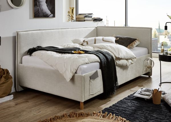 Polsterbett in 3 Größen mit Rückenteil USB-Anschluss Jugendbett Beige