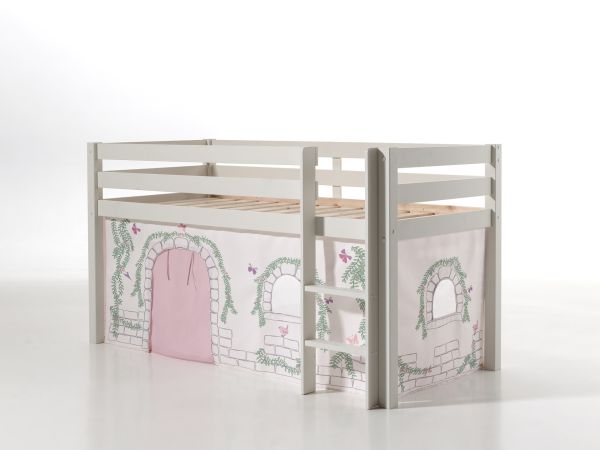Vipack: "PINO" Spielbett / Hochbett 90 x 200 mit Vorhang "Birdy" - Massiv Weiß