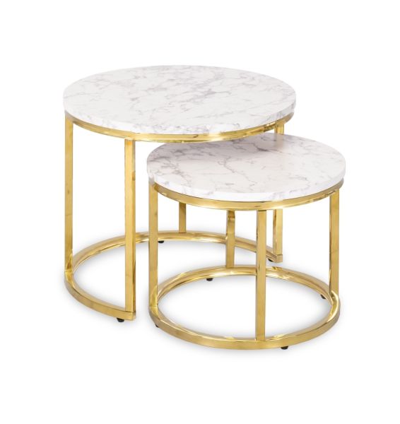 2 Beistelltische Ø 53/43 Tischset Couchtisch Ablagetisch Marmorweiß Gold