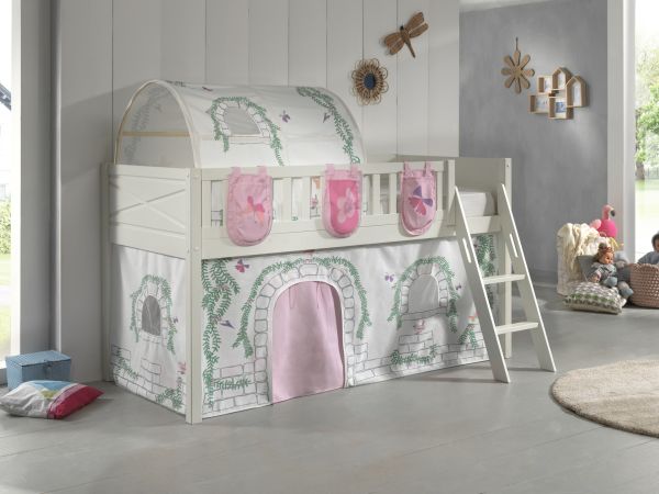Set Spielbett Vorhang Lattenrost Hochbett Kinderbett 90x200 rosa Prinzessin weiß