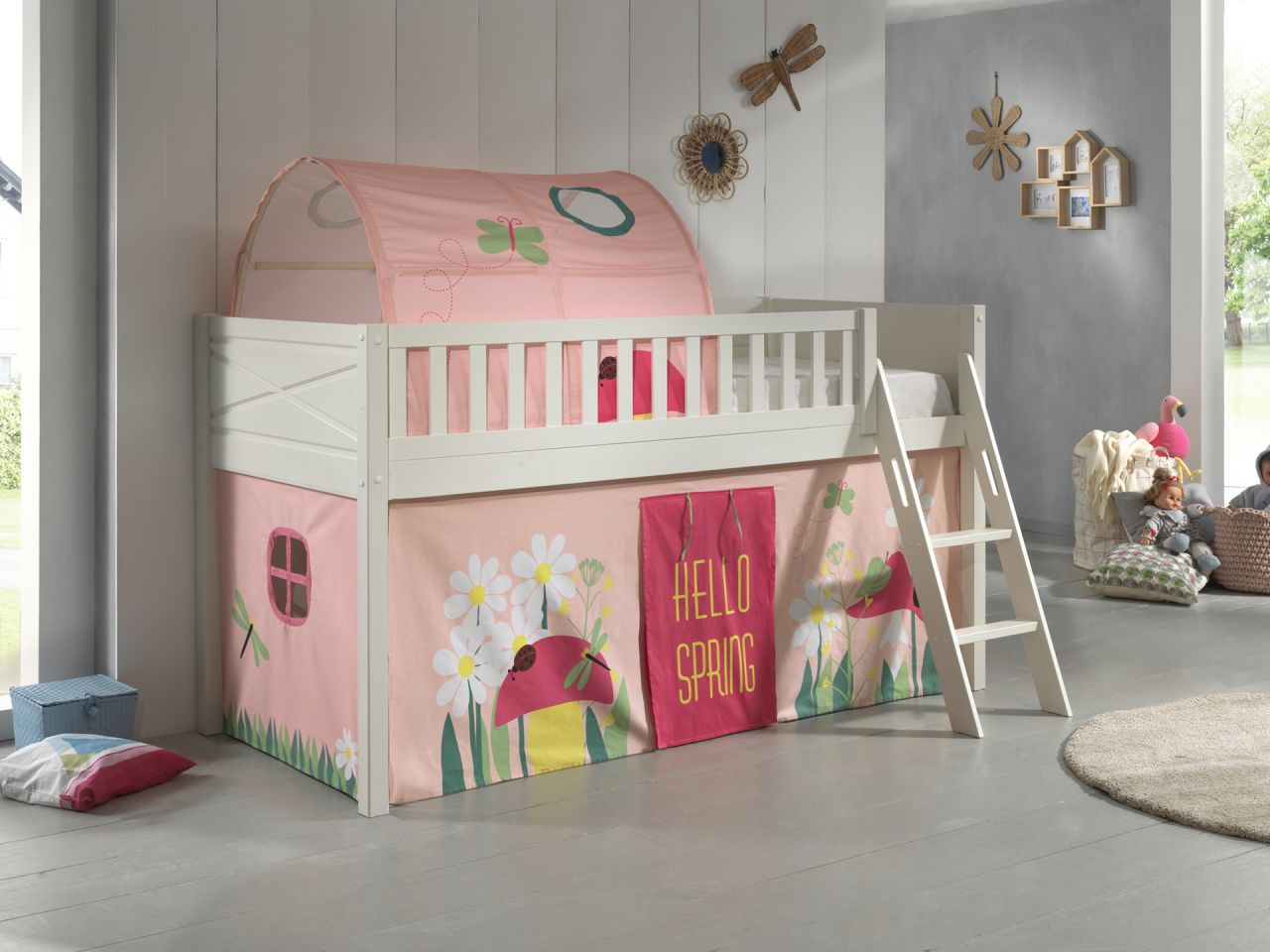 Set Spielbett Vorhang Lattenrost Hochbett Kinderbett 90x200 Fee Pink Rosa Blumen