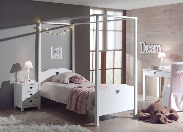 Set Himmelbett 90x200 Nachtkonsole Bett Kinderbett Nachttisch Kinderzimmer Weiß