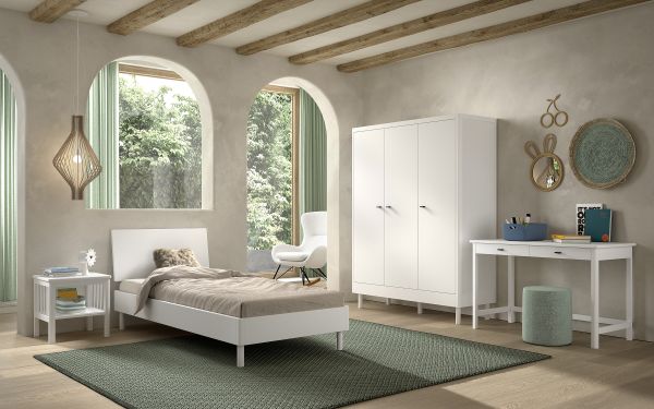 Set Futonbett Schrank 3T Nachtkonsole Schreibtisch Lattenrost Buche massiv Weiß