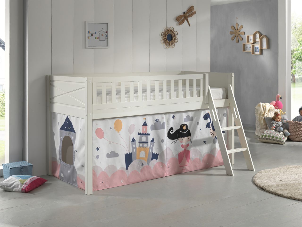 Set Spielbett Vorhang Lattenrost Hochbett Kinderbett 90x200 rosa Prinzessin weiß