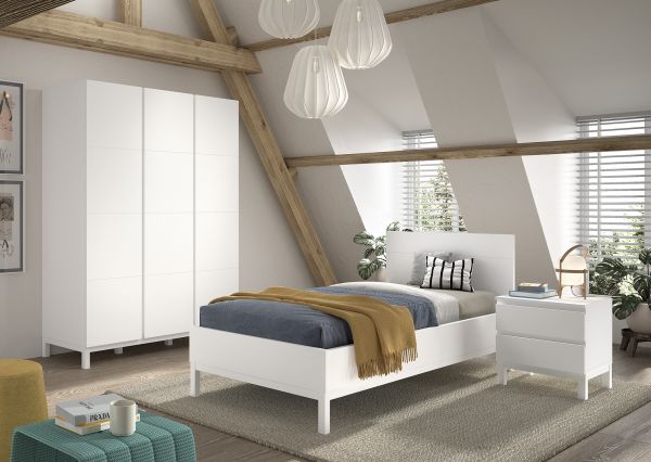 Set Einzelbett 90x200 Nachtkommode Schrank 3T Jugendzimmer Kinderzimmer Weiß