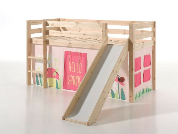Spielbett Hochbett Kinderbett 90x200 Rutsche Vorhang Rosa Blumen Holzbett Natur