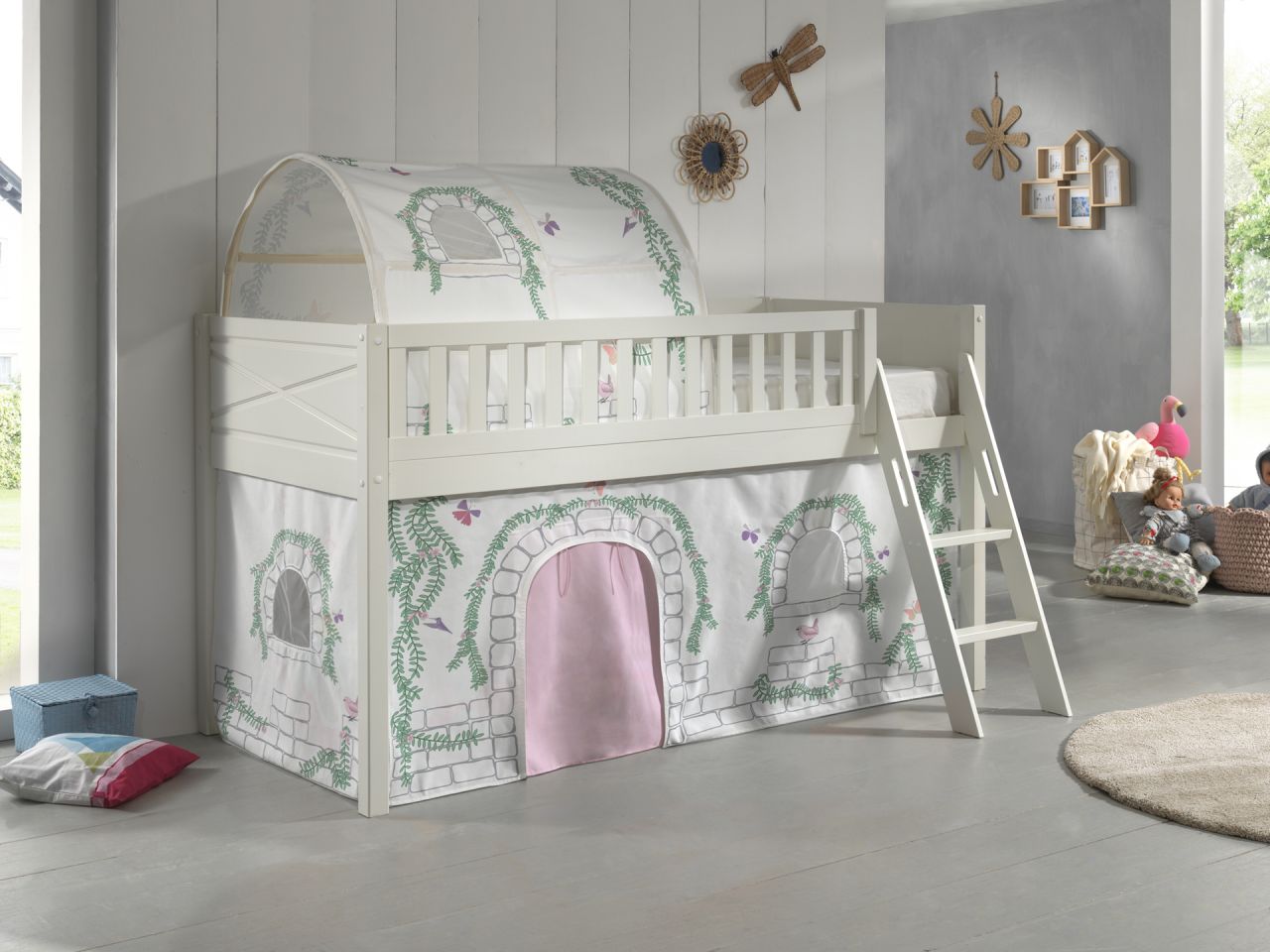 Set Spielbett Vorhang Lattenrost Hochbett Kinderbett 90x200 rosa Prinzessin weiß