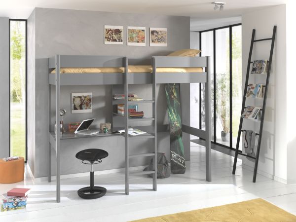 Vipack Hochbett 90x200 mit Schreibplatte Jugendbett Kinderbett Schreibtisch Grau