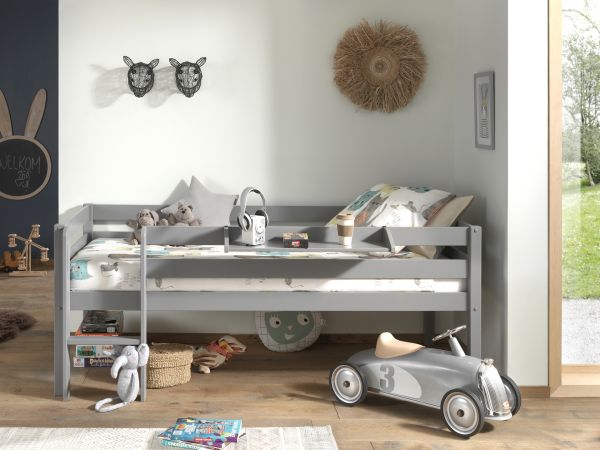 Set Kojen Spielbett 90x200 Lattenrost Leiter Hängeregal Kinderzimmer Bett Grau